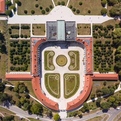 Top down view of beautiful Eszterhazy Castle in Fertod, Hungary-stock-photo