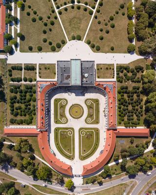 Top down view of beautiful Eszterhazy Castle in Fertod, Hungary-stock-photo