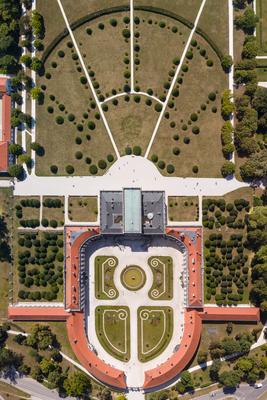 Top down view of beautiful Eszterhazy Castle in Fertod, Hungary-stock-photo