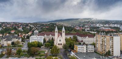 Aerial view of Piusz Church in Pecs, Hungary-stock-foto