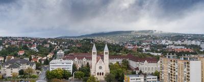 Aerial view of Piusz Church in Pecs, Hungary-stock-foto