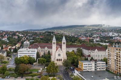 Aerial view of Piusz Church in Pecs, Hungary-stock-foto