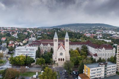 Aerial view of Piusz Church in Pecs, Hungary-stock-foto