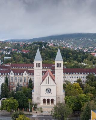 Aerial view of Piusz Church in Pecs, Hungary-stock-foto