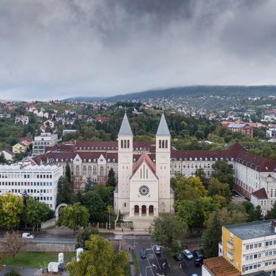 Aerial view of Piusz Church in Pecs, Hungary-stock-foto