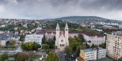 Aerial view of Piusz Church in Pecs, Hungary-stock-foto