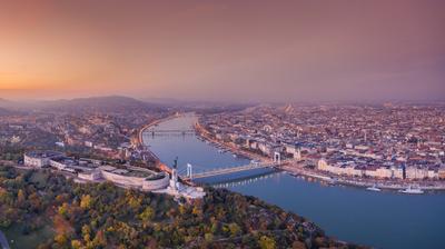 Aerial view of Budapest with beautiful sunrise-stock-photo