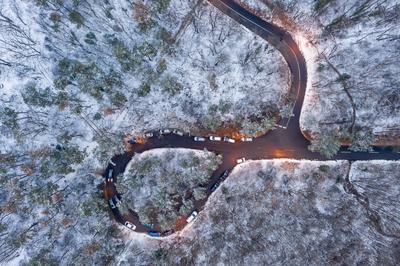 aerial view of curvy road with snowy forest-stock-foto