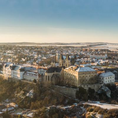 Aerial view of Castle in Veszprem in winter-stock-foto