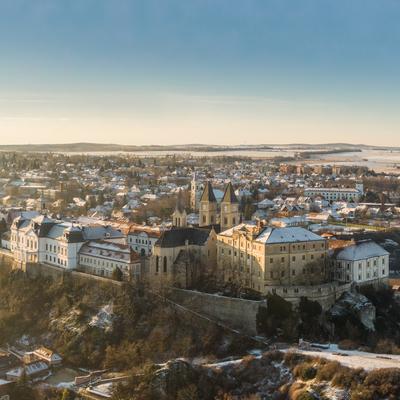 Aerial view of Castle in Veszprem in winter-stock-photo