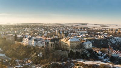 Aerial view of Castle in Veszprem in winter-stock-photo