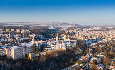 Aerial view of Castle in Veszprem in winter-stock-photo