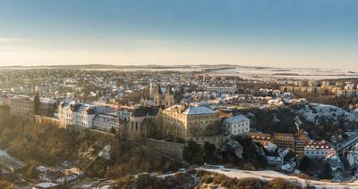 Aerial view of Castle in Veszprem in winter-stock-photo