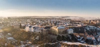 Aerial view of Castle in Veszprem in winter-stock-photo