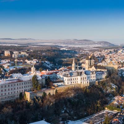 Aerial view of Castle in Veszprem in winter-stock-photo