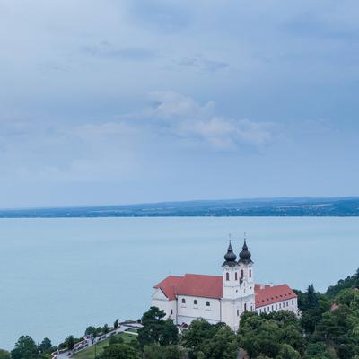 Aerial photo shows the historical Benedictine monastery of Tihany-stock-photo