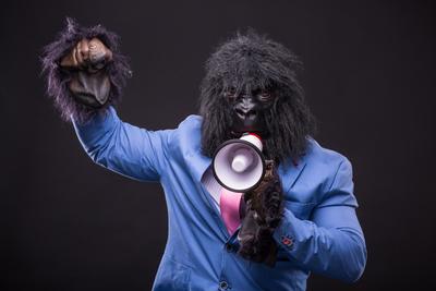 businessman wearing gorilla mask and screaming to megafon-stock-foto