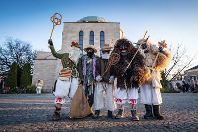 MOHACS, HUNGARY - FEBRUARY 14: Unidentified person wearing mask for spring greetings. In this year during the COVID pandemic the public Busojaras event was cancelled. February 14, 2021 in Mohacs, Hungary.-stock-photo