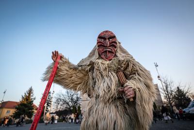 MOHACS, HUNGARY - FEBRUARY 14: Unidentified person wearing mask for spring greetings. In this year during the COVID pandemic the public Busojaras event was cancelled. February 14, 2021 in Mohacs, Hungary.-stock-photo