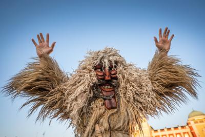 MOHACS, HUNGARY - FEBRUARY 14: Unidentified person wearing mask for spring greetings. In this year during the COVID pandemic the public Busojaras event was cancelled. February 14, 2021 in Mohacs, Hungary.-stock-photo