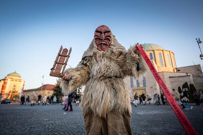 MOHACS, HUNGARY - FEBRUARY 14: Unidentified person wearing mask for spring greetings. In this year during the COVID pandemic the public Busojaras event was cancelled. February 14, 2021 in Mohacs, Hungary.-stock-photo