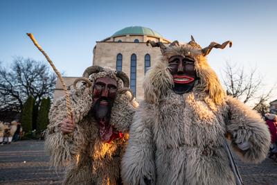 MOHACS, HUNGARY - FEBRUARY 14: Unidentified person wearing mask for spring greetings. In this year during the COVID pandemic the public Busojaras event was cancelled. February 14, 2021 in Mohacs, Hungary.-stock-photo