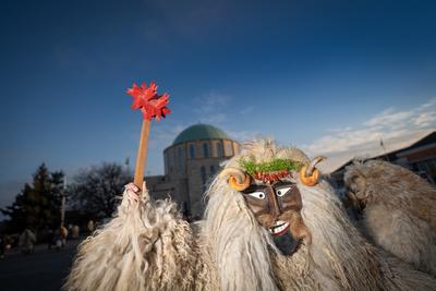 MOHACS, HUNGARY - FEBRUARY 14: Unidentified person wearing mask for spring greetings. In this year during the COVID pandemic the public Busojaras event was cancelled. February 14, 2021 in Mohacs, Hungary.-stock-photo