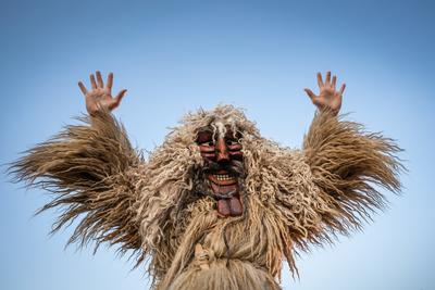 MOHACS, HUNGARY - FEBRUARY 14: Unidentified person wearing mask for spring greetings. In this year during the COVID pandemic the public Busojaras event was cancelled. February 14, 2021 in Mohacs, Hungary.-stock-photo