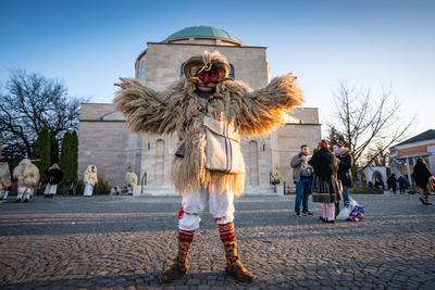 MOHACS, HUNGARY - FEBRUARY 14: Unidentified person wearing mask for spring greetings. In this year during the COVID pandemic the public Busojaras event was cancelled. February 14, 2021 in Mohacs, Hungary.-stock-photo