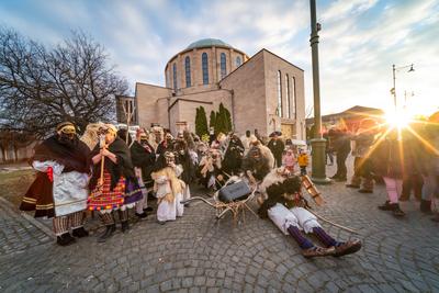 MOHACS, HUNGARY - FEBRUARY 16: Unidentified person wearing mask in Busojaras. In this year during the COVID pandemic the public Busojaras event was cancelled. February 16, 2021 in Mohacs, Hungary.-stock-photo