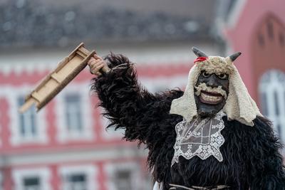 MOHACS, HUNGARY - FEBRUARY 16: Unidentified person wearing mask in Busojaras. In this year during the COVID pandemic the public Busojaras event was cancelled. February 16, 2021 in Mohacs, Hungary.-stock-photo