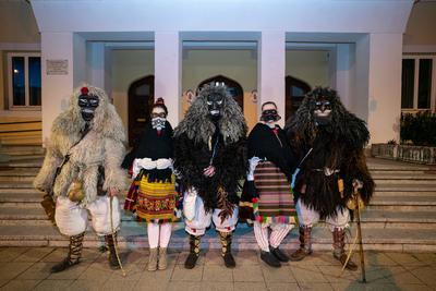 MOHACS, HUNGARY - FEBRUARY 16: Unidentified person wearing mask in Busojaras. In this year during the COVID pandemic the public Busojaras event was cancelled. February 16, 2021 in Mohacs, Hungary.-stock-photo