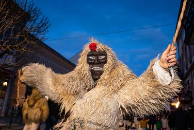 MOHACS, HUNGARY - FEBRUARY 16: Unidentified person wearing mask in Busojaras. In this year during the COVID pandemic the public Busojaras event was cancelled. February 16, 2021 in Mohacs, Hungary.-stock-photo