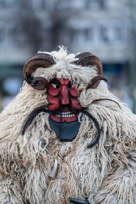 MOHACS, HUNGARY - FEBRUARY 16: Unidentified person wearing mask in Busojaras. In this year during the COVID pandemic the public Busojaras event was cancelled. February 16, 2021 in Mohacs, Hungary.-stock-photo