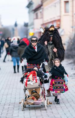 MOHACS, HUNGARY - FEBRUARY 16: Unidentified person wearing mask in Busojaras. In this year during the COVID pandemic the public Busojaras event was cancelled. February 16, 2021 in Mohacs, Hungary.-stock-photo