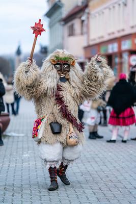 MOHACS, HUNGARY - FEBRUARY 16: Unidentified person wearing mask in Busojaras. In this year during the COVID pandemic the public Busojaras event was cancelled. February 16, 2021 in Mohacs, Hungary.-stock-photo