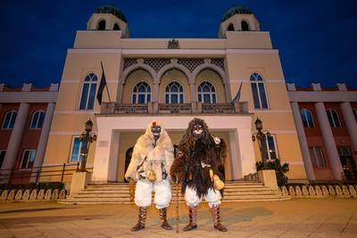 MOHACS, HUNGARY - FEBRUARY 16: Unidentified person wearing mask in Busojaras. In this year during the COVID pandemic the public Busojaras event was cancelled. February 16, 2021 in Mohacs, Hungary.-stock-photo