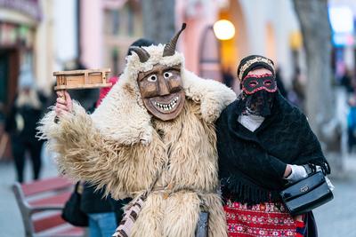 MOHACS, HUNGARY - FEBRUARY 16: Unidentified person wearing mask in Busojaras. In this year during the COVID pandemic the public Busojaras event was cancelled. February 16, 2021 in Mohacs, Hungary.-stock-photo