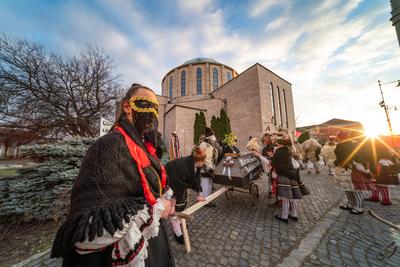 MOHACS, HUNGARY - FEBRUARY 16: Unidentified person wearing mask in Busojaras. In this year during the COVID pandemic the public Busojaras event was cancelled. February 16, 2021 in Mohacs, Hungary.-stock-photo