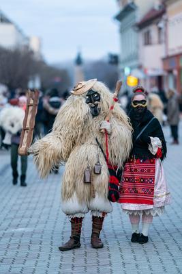MOHACS, HUNGARY - FEBRUARY 16: Unidentified person wearing mask in Busojaras. In this year during the COVID pandemic the public Busojaras event was cancelled. February 16, 2021 in Mohacs, Hungary.-stock-photo