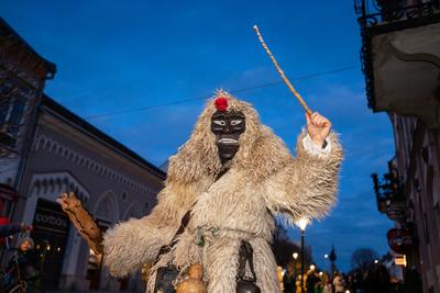 MOHACS, HUNGARY - FEBRUARY 16: Unidentified person wearing mask in Busojaras. In this year during the COVID pandemic the public Busojaras event was cancelled. February 16, 2021 in Mohacs, Hungary.-stock-photo