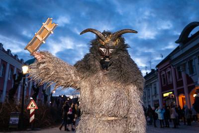 MOHACS, HUNGARY - FEBRUARY 16: Unidentified person wearing mask in Busojaras. In this year during the COVID pandemic the public Busojaras event was cancelled. February 16, 2021 in Mohacs, Hungary.-stock-photo