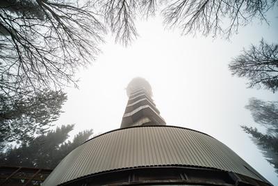 Tv tower in Zalaegerszeg with foggy sky-stock-photo