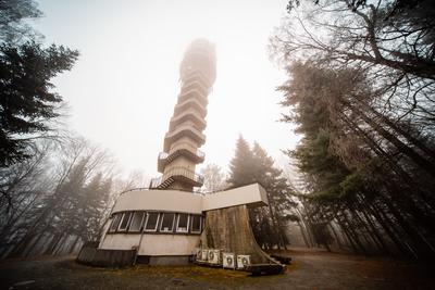 Tv tower in Zalaegerszeg with foggy sky-stock-photo