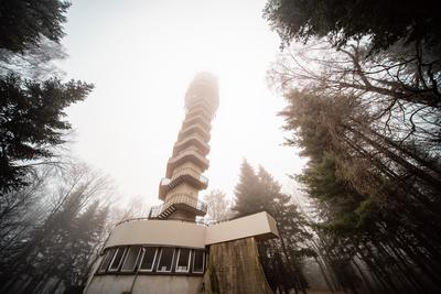 Tv tower in Zalaegerszeg with foggy sky-stock-photo