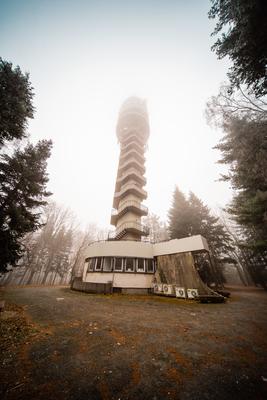 Tv tower in Zalaegerszeg with foggy sky-stock-photo