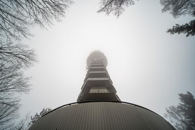 Tv tower in Zalaegerszeg with foggy sky-stock-photo