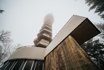 Tv tower in Zalaegerszeg with foggy sky-stock-photo