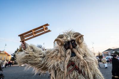 MOHACS, HUNGARY - FEBRUARY 14: Unidentified person wearing mask for spring greetings. In this year during the COVID pandemic the public Busojaras event was cancelled. February 14, 2021 in Mohacs, Hungary.-stock-photo