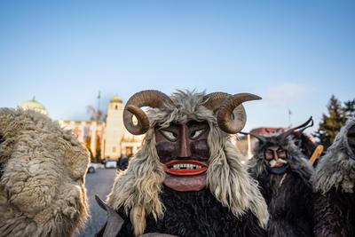 MOHACS, HUNGARY - FEBRUARY 14: Unidentified person wearing mask for spring greetings. In this year during the COVID pandemic the public Busojaras event was cancelled. February 14, 2021 in Mohacs, Hungary.-stock-photo